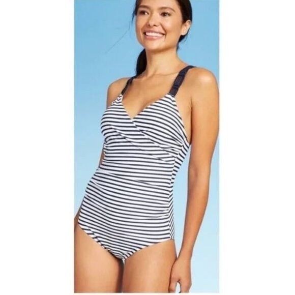 Kona Sol Swimsuit Small One Piece Shirred Navy Blue Stripe NWOT - Picture 1 of 12